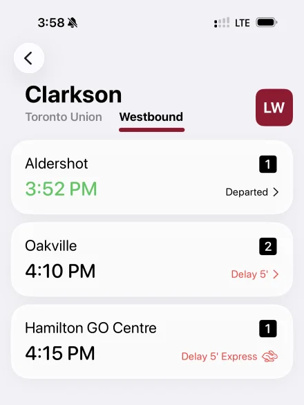 Clarkson station, westbound: the next trains with live times and delays