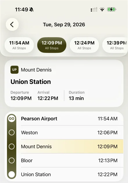 UP Express trip from Pearson Airport to Union Station with every stop and its time