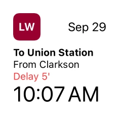 Small widget: the next Lakeshore West train to Union Station from Clarkson, 10:07 AM, delayed 5 minutes